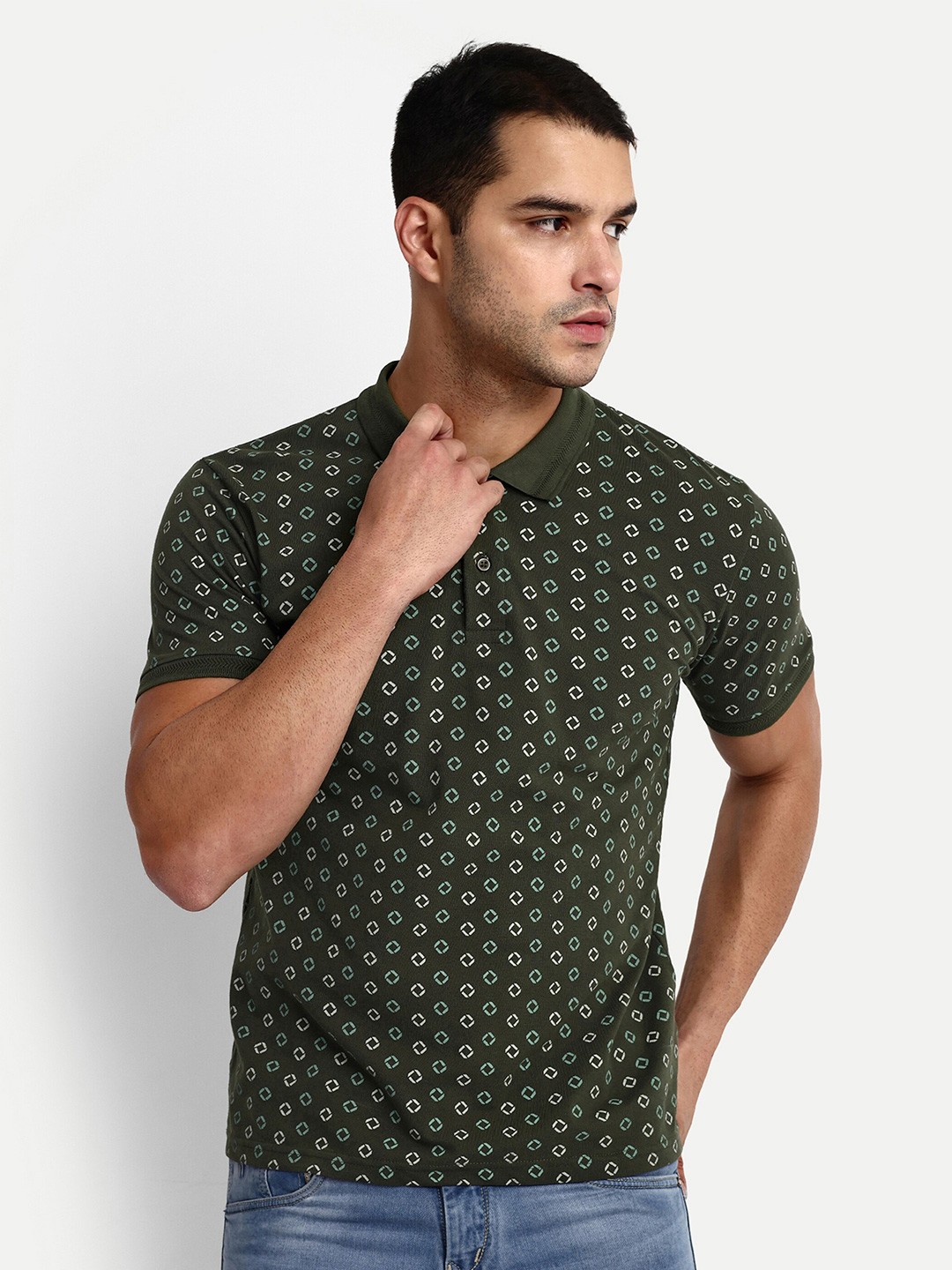 

REPRISE Geometric Printed Polo Collar Casual T-shirt, Olive