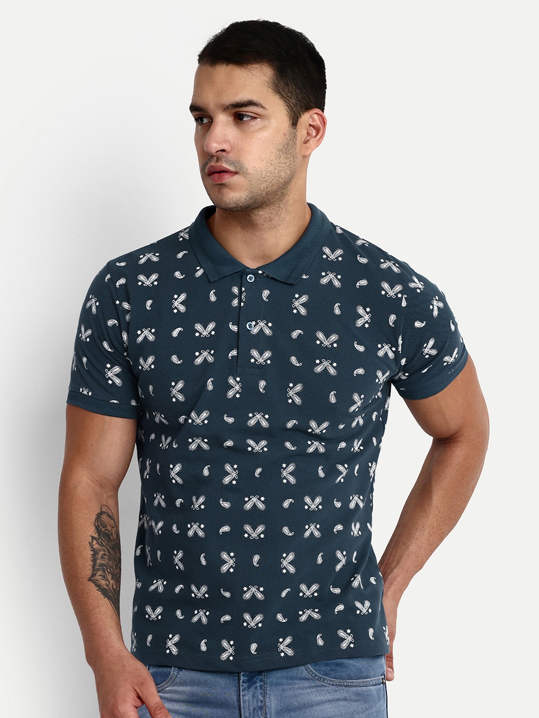 

REPRISE Conversational Printed Polo Collar Casual T-shirt, Blue