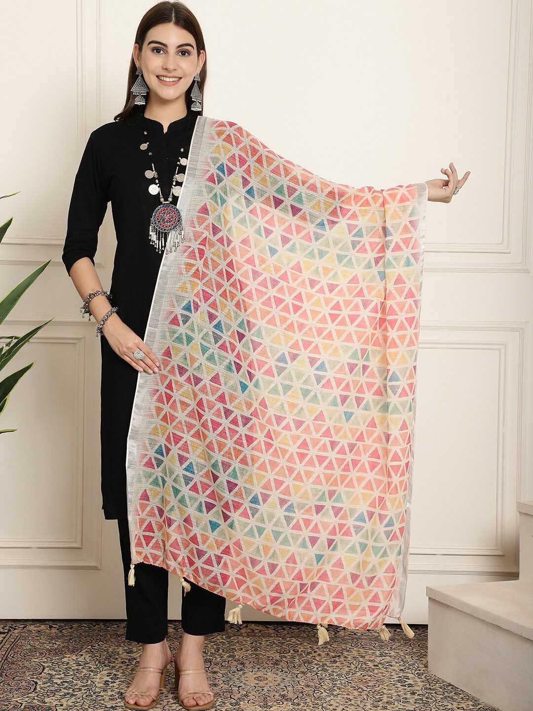 

LOOM LEGACY Geometric Printed Linen Dupatta, Pink