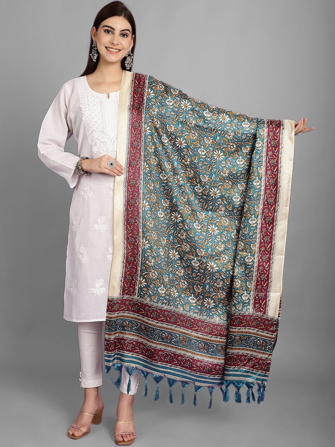 

LOOM LEGACY Floral Printed Kalamkari Dupatta, Blue