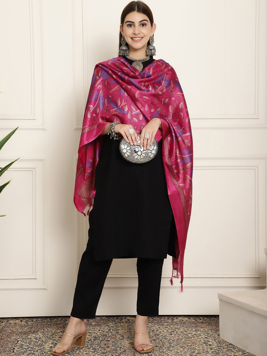 

LOOM LEGACY Ethnic Motifs Woven Designed Dupatta, Magenta