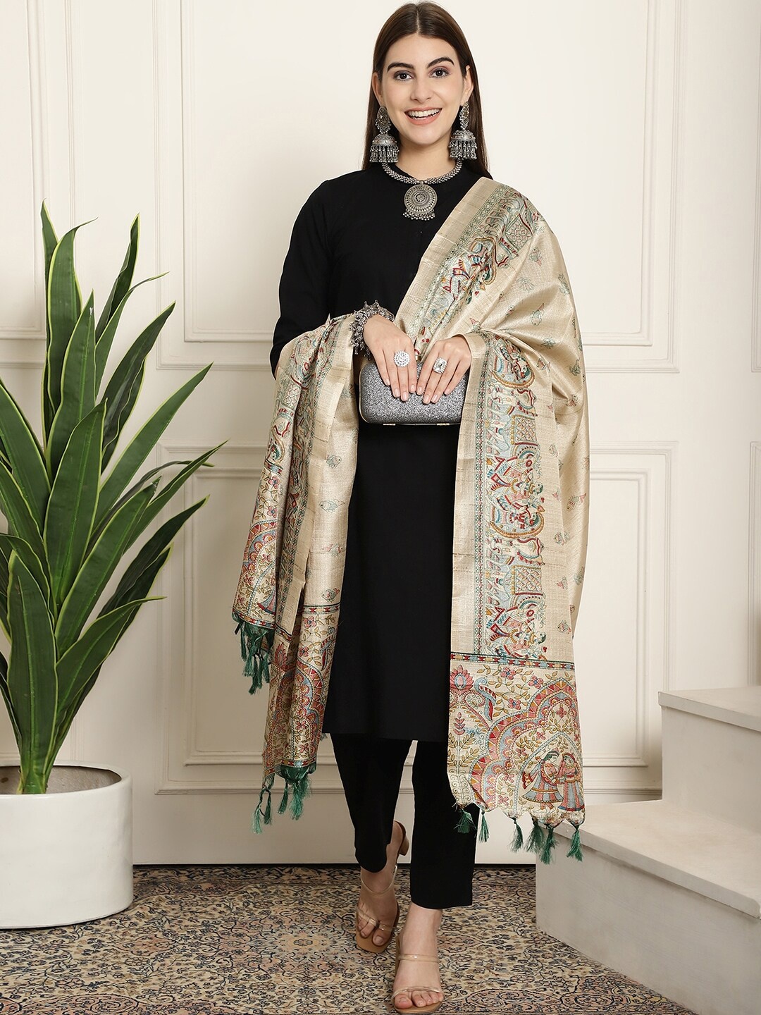 

LOOM LEGACY Ethnic Motifs Printed Silk Dupatta, Gold