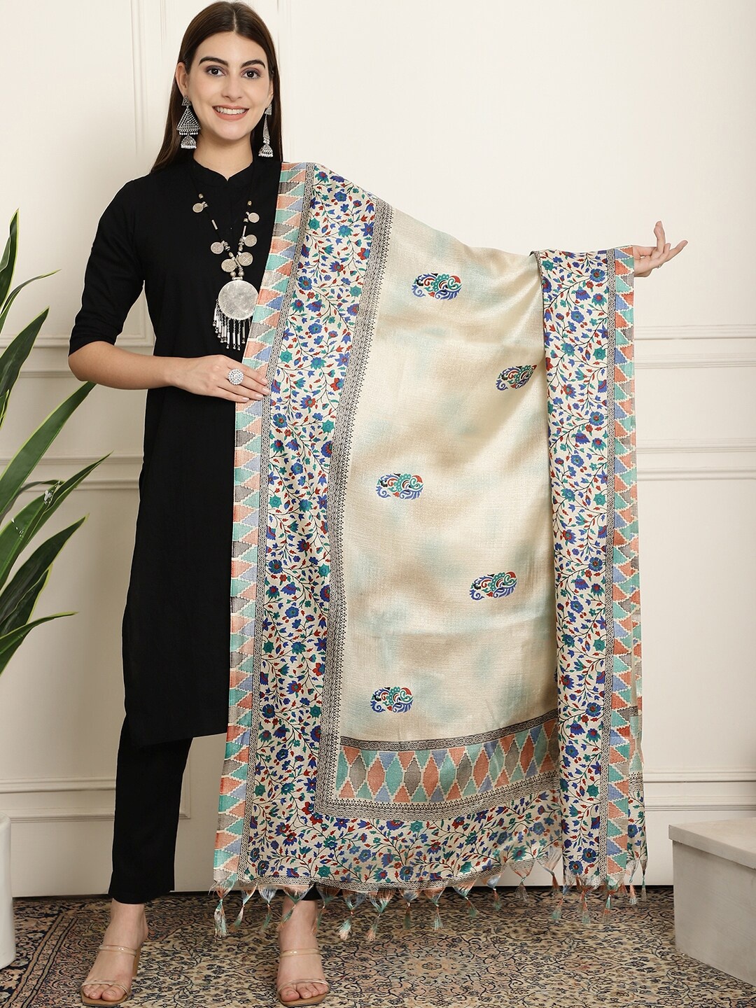 

LOOM LEGACY Ethnic Motifs Printed Silk Dupatta, Gold