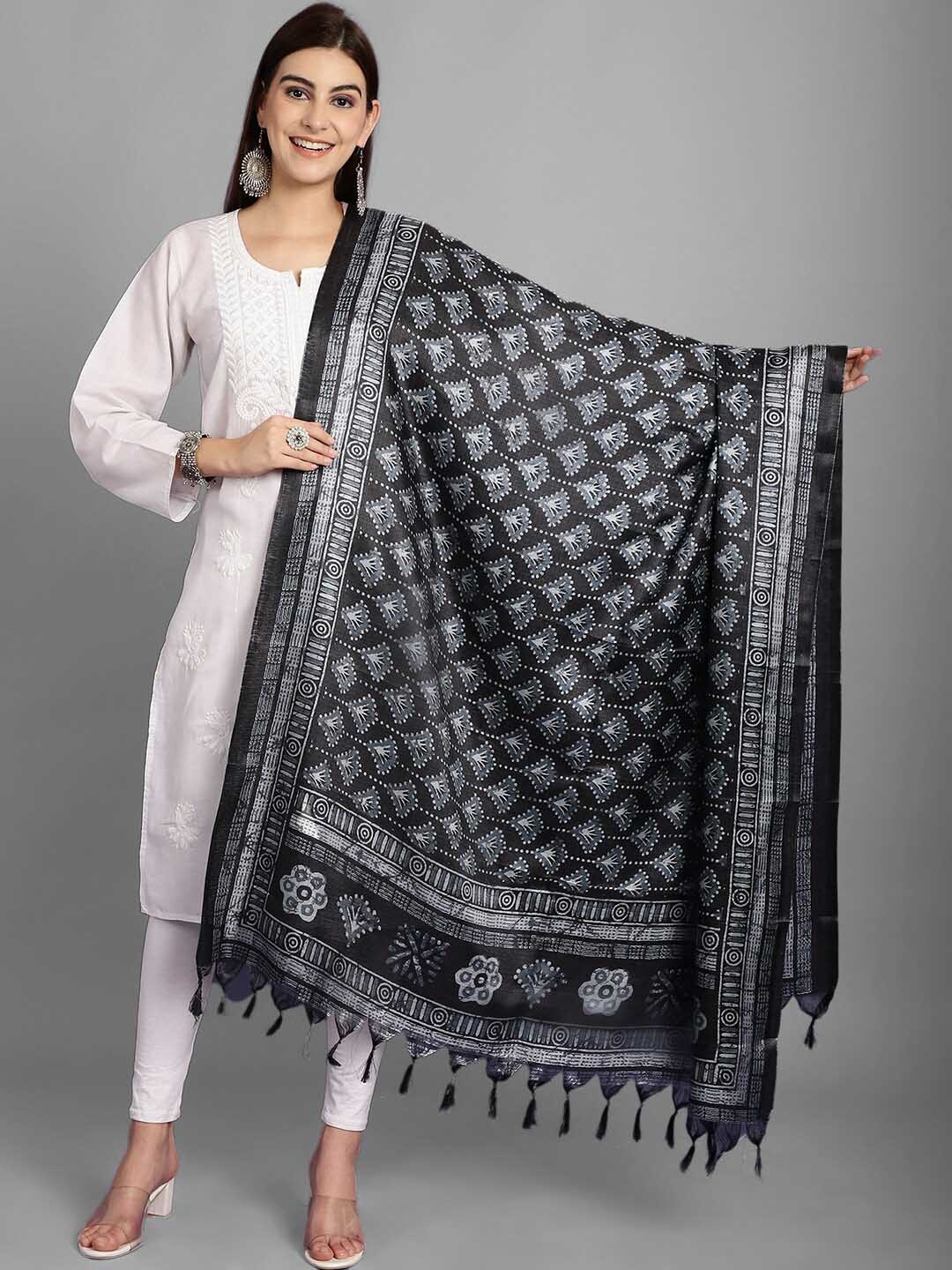 

LOOM LEGACY Ethnic Motifs Printed Dupatta, Black