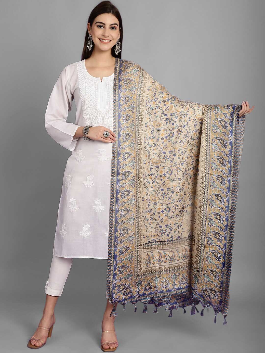 

LOOM LEGACY Floral Printed Silk Dupatta, Blue