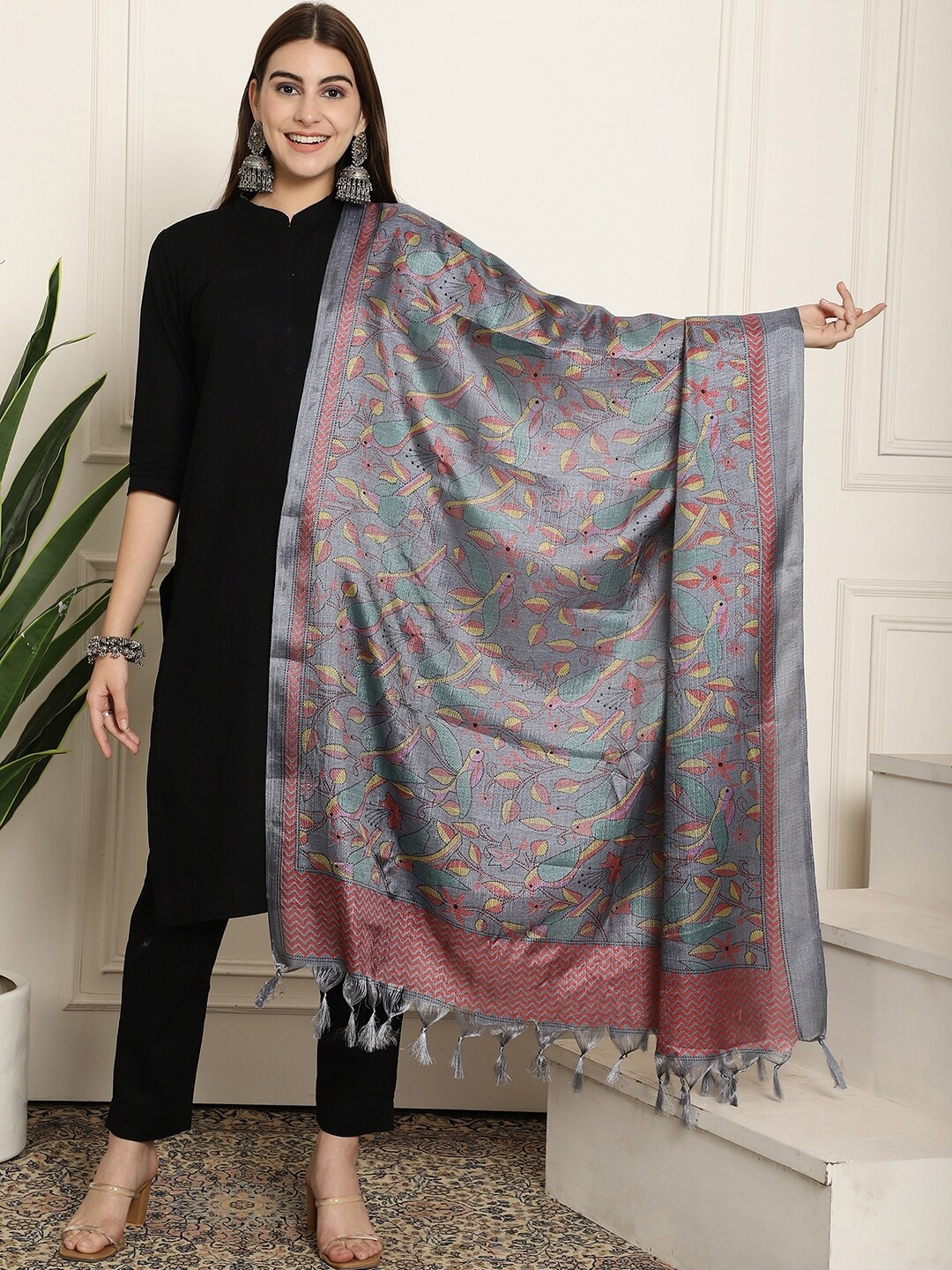 

LOOM LEGACY Floral Printed Dupatta, Grey