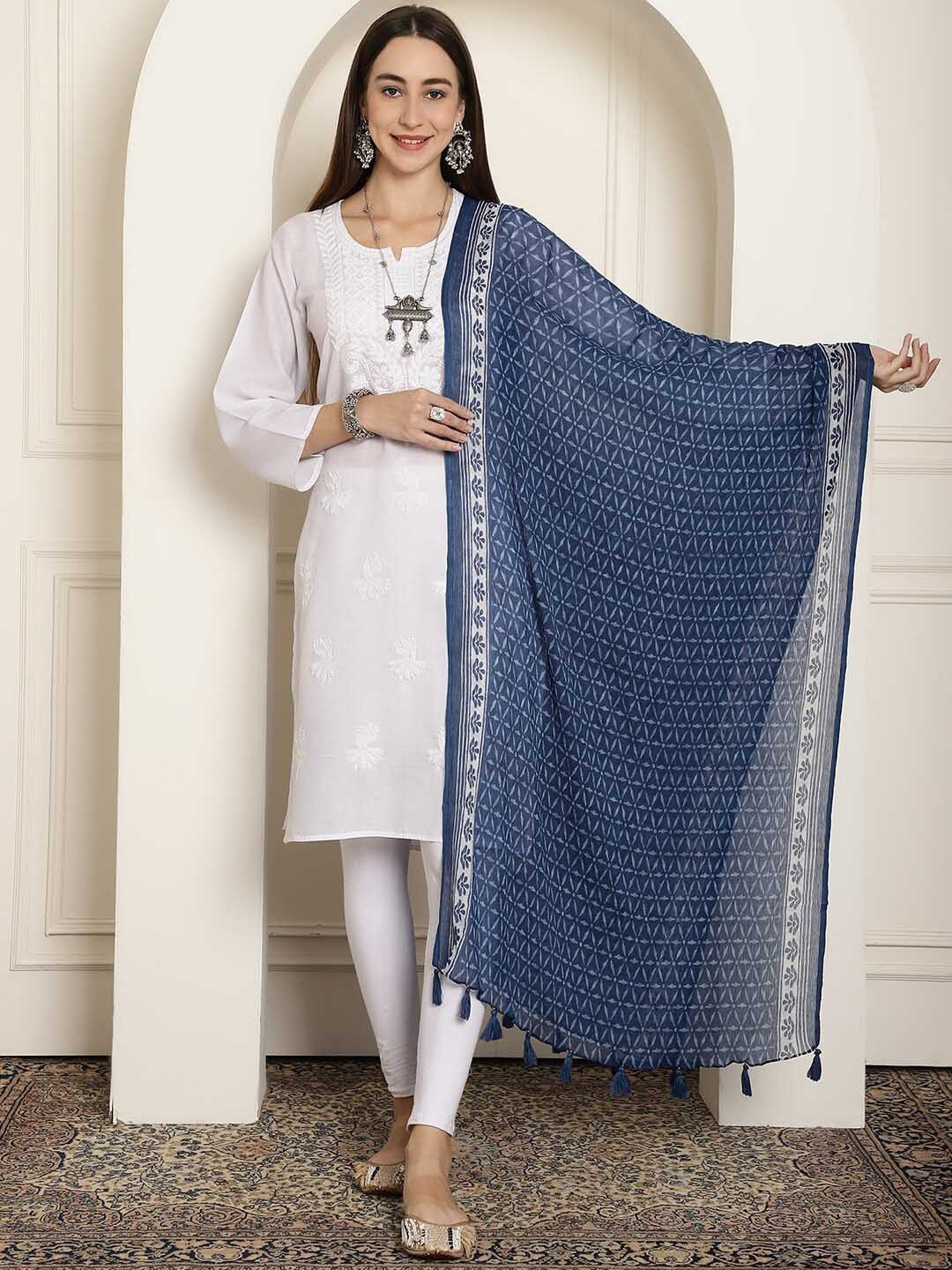 

LOOM LEGACY Ethnic Motifs Printed Chiffon Dupatta, Navy blue