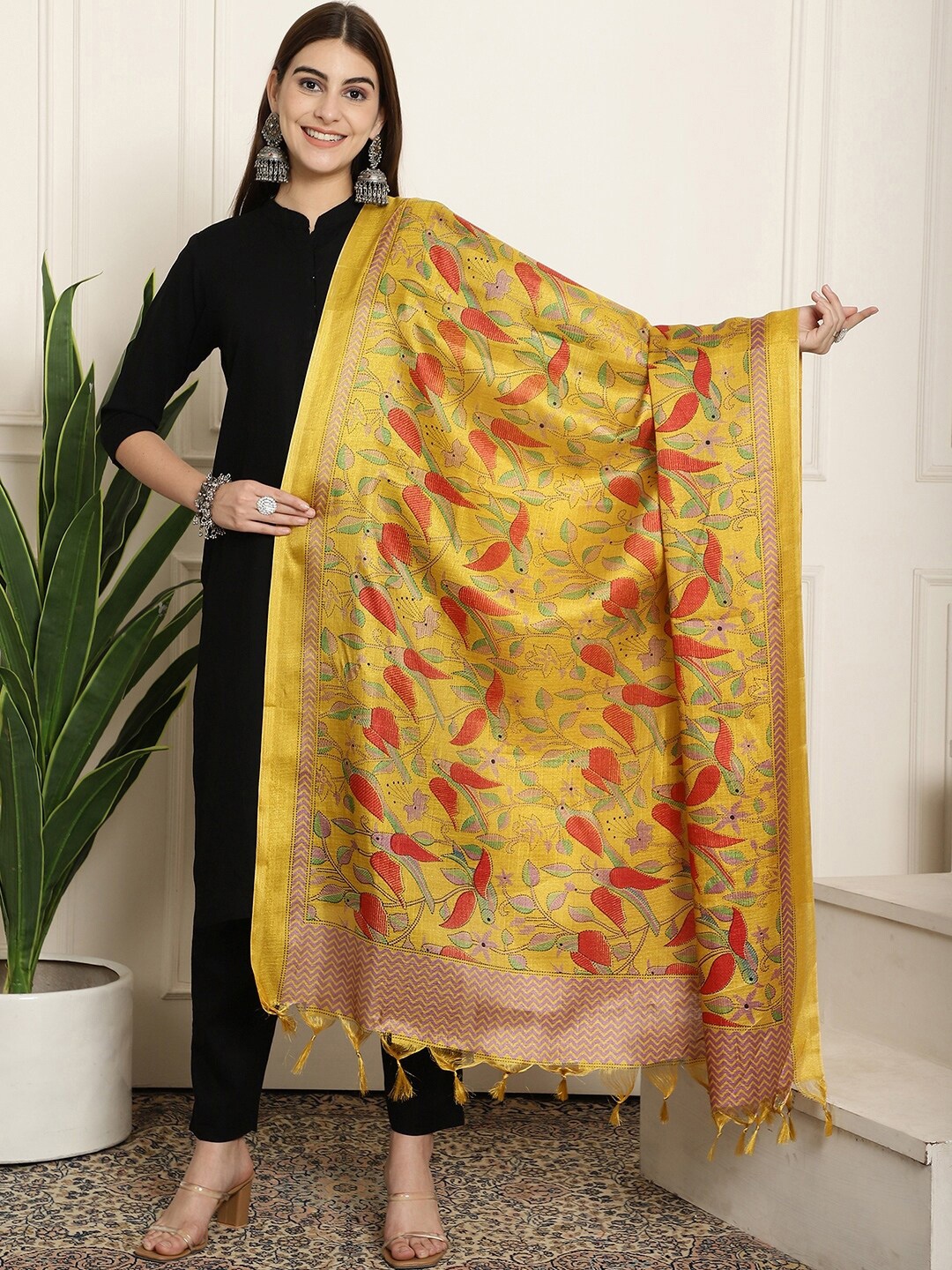 

LOOM LEGACY Floral Printed Dupatta, Mustard
