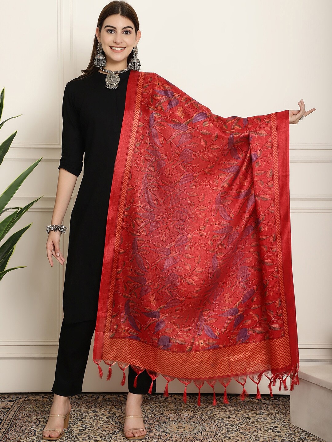 

LOOM LEGACY Ethnic Motifs Printed Art Silk Tasselled Dupatta, Red