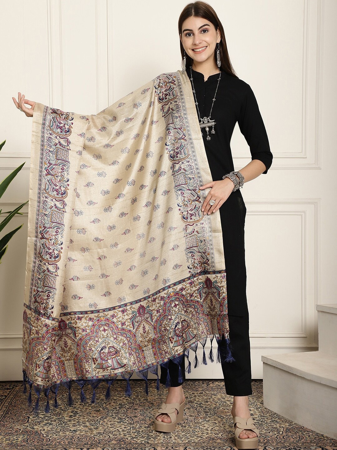 

LOOM LEGACY Ethnic Motifs Printed Silk Dupatta, Gold