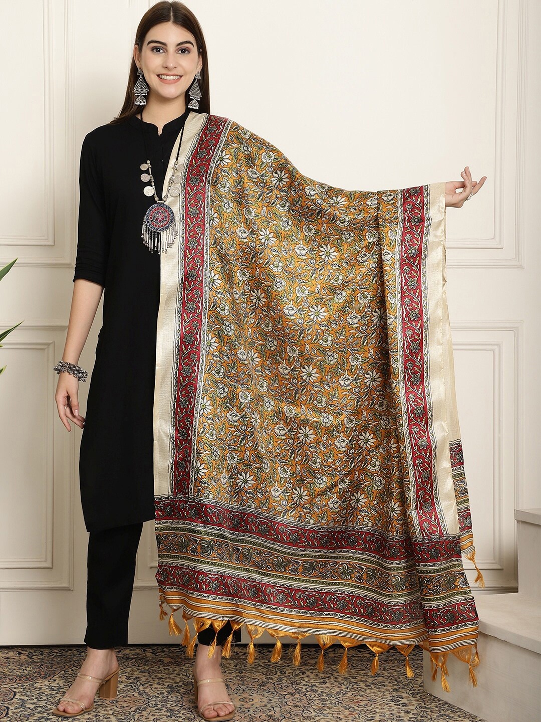 

LOOM LEGACY Floral Printed Art Silk Tasselled Dupatta, Mustard