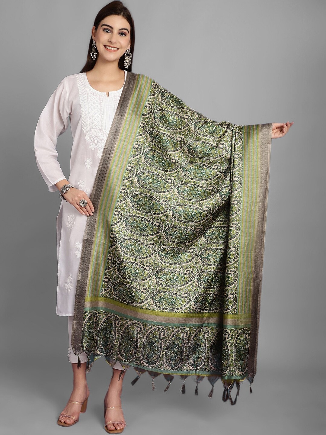 

LOOM LEGACY Paisley Printed Dupatta, Green