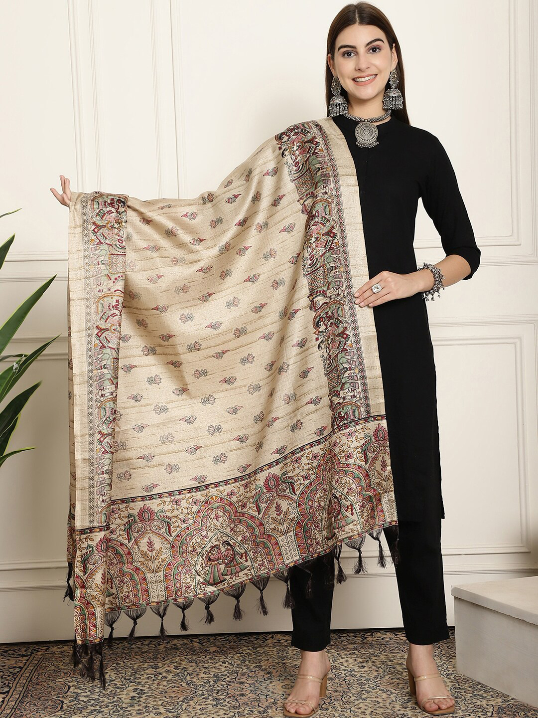 

LOOM LEGACY Ethnic Motifs Printed Tasselled Silk Dupatta, Gold
