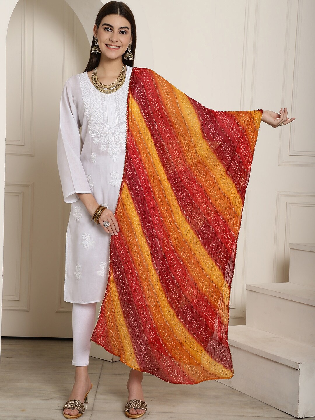 

LOOM LEGACY Bnadhani Printed Gotta Patti Chiffon Dupatta, Red