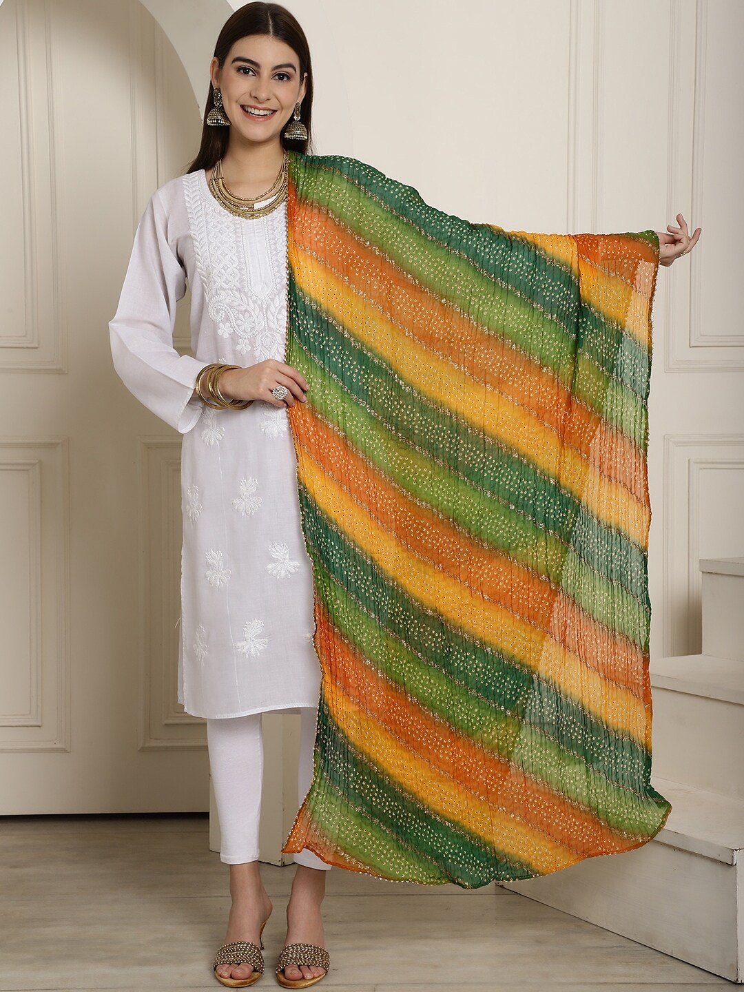 

LOOM LEGACY Bandhani Printed Chiffon Dupatta, Green