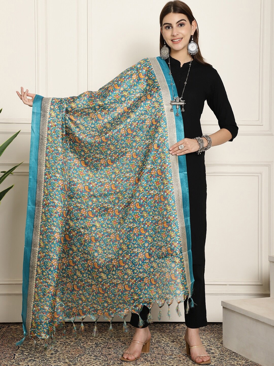 

LOOM LEGACY Floral Printed Kalamkari Dupatta, Turquoise blue