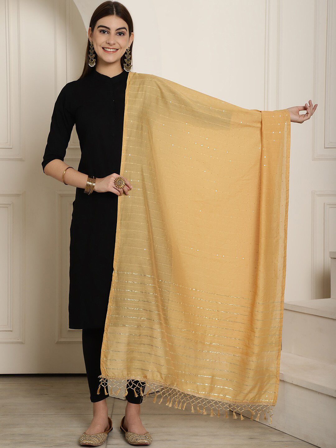 

LOOM LEGACY Striped Cotton Silk Dupatta With Sequinned, Gold