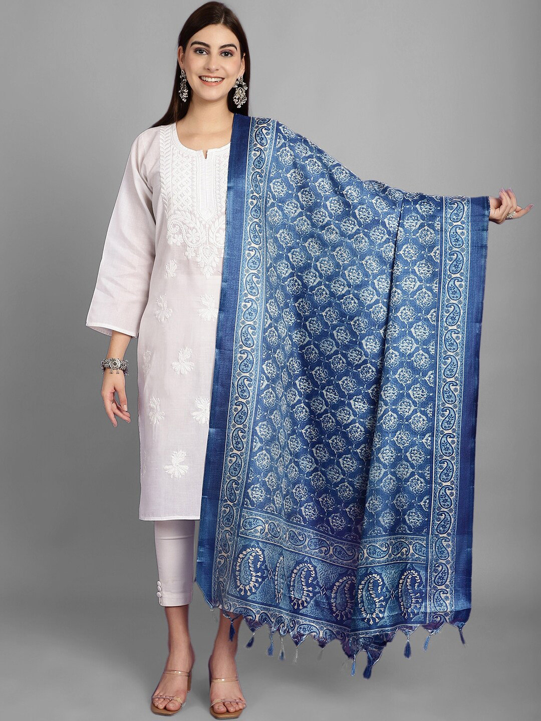 

LOOM LEGACY Ethnic Motifs Printed Dupatta, Blue