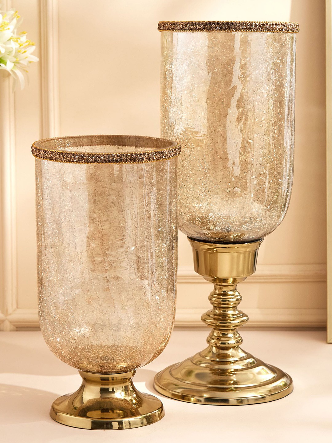 

Home Centre Maya Tevis Yellow Glass Crackle Vases, Gold