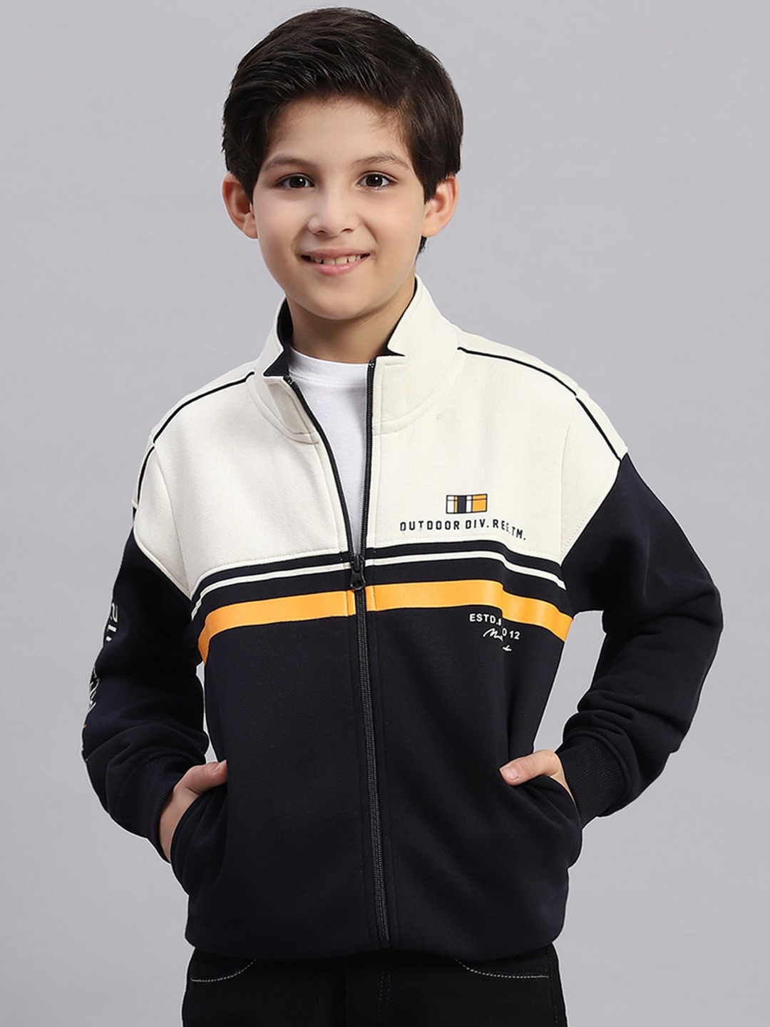 

Monte Carlo Boys Colourblocked Stand Collar Front Open Sweatshirt, Navy blue
