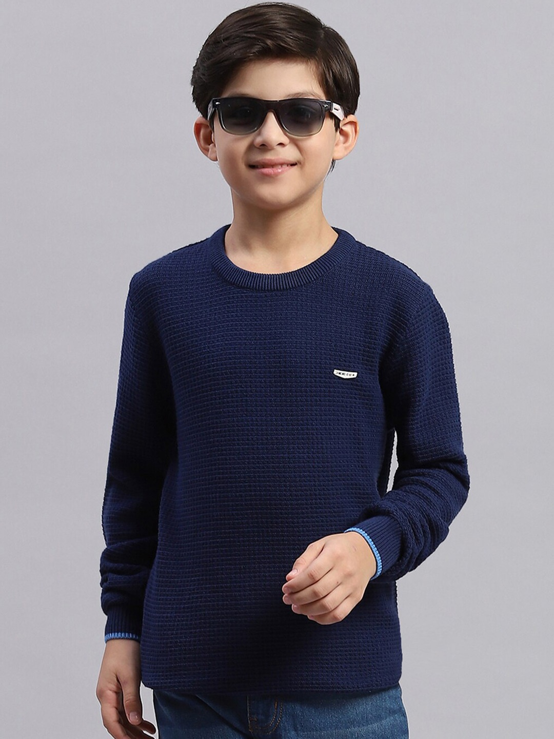 

Monte Carlo Boys Self Design Round Neck Pure Cotton Pullover, Navy blue