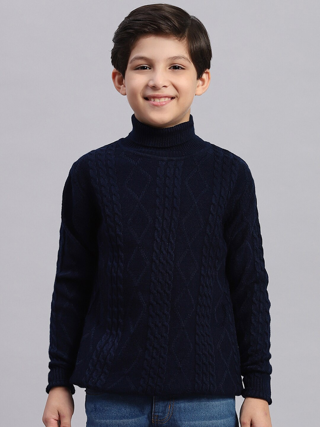 

Monte Carlo Boys Cable Knit Turtle Neck Pure Cotton Pullover, Navy blue