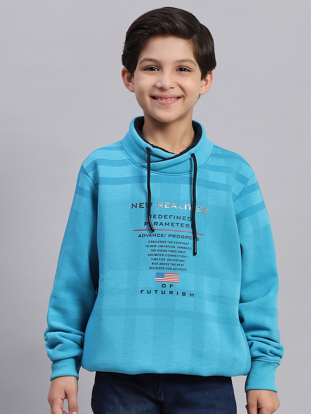 

Monte Carlo Boys Typography Printed Mock Collar Cotton Pullover Sweatshirt, Turquoise blue