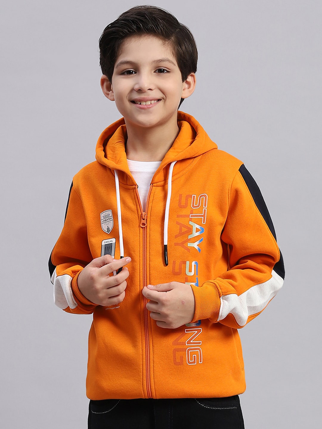 

Monte Carlo Boys Typography Printed Hooded Front-Open Sweatshirt, Orange