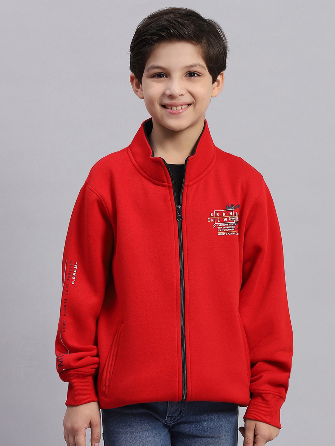 

Monte Carlo Boys Typography Printed Mock Collar Long Sleeves Front-Open Sweatshirt, Red