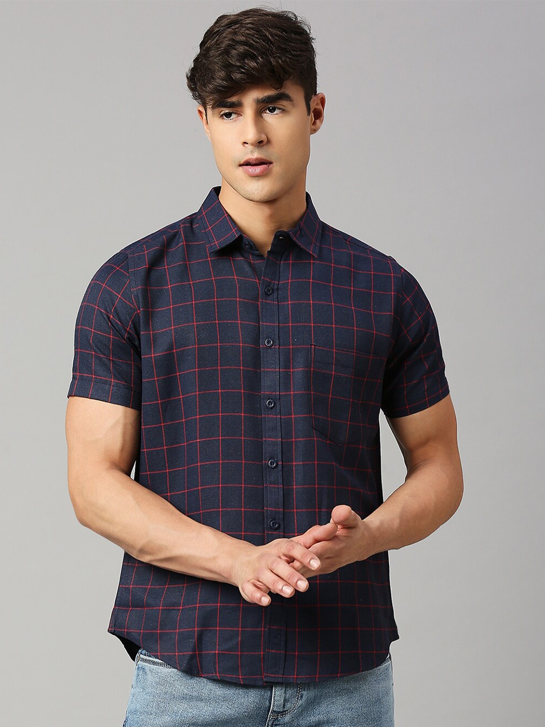 

HERE&NOW Classic Slim Fit Windowpane Checked Casual Shirt, Navy blue