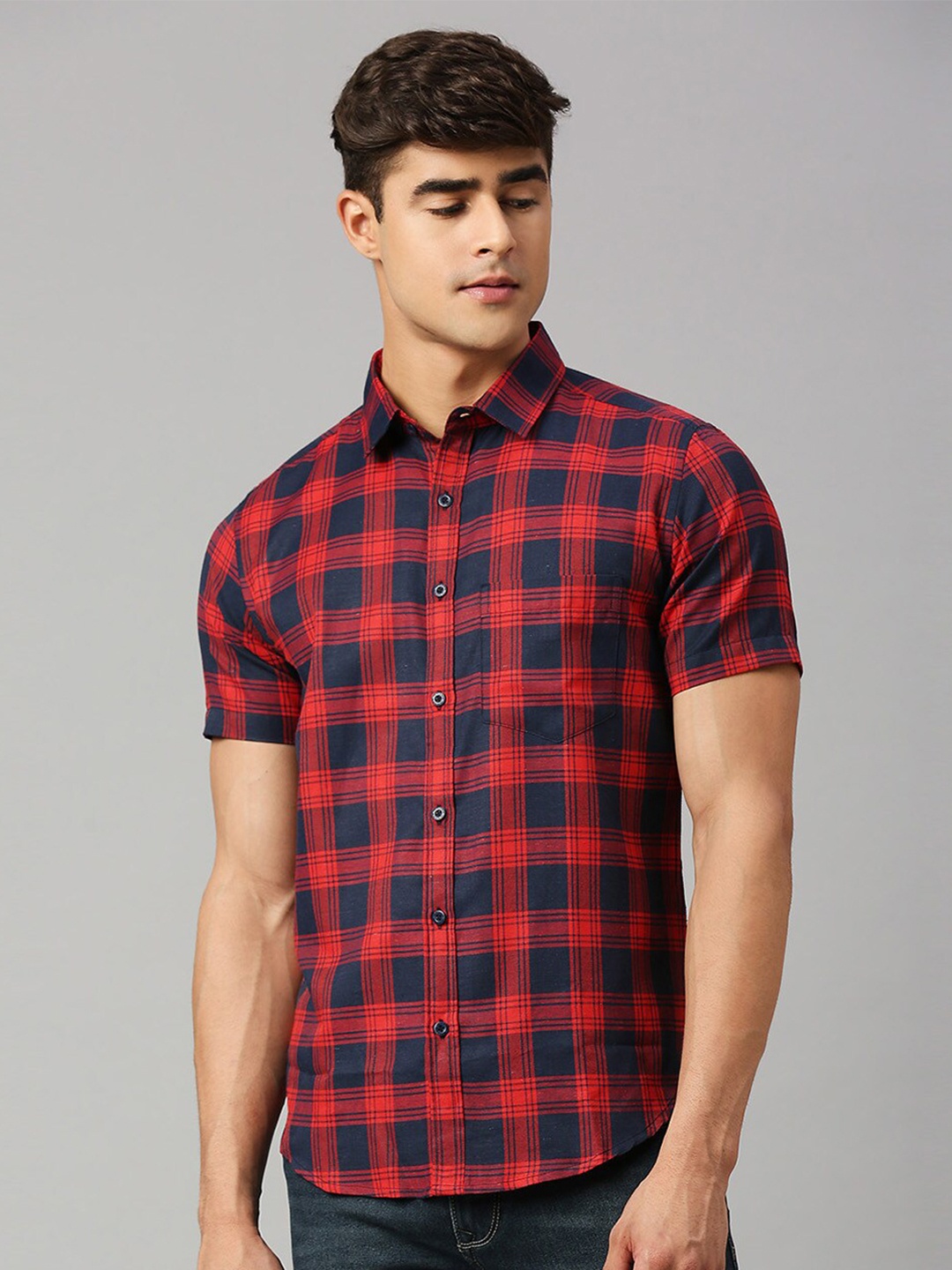 

HERE&NOW Classic Slim Fit Tartan Checked Casual Shirt, Red