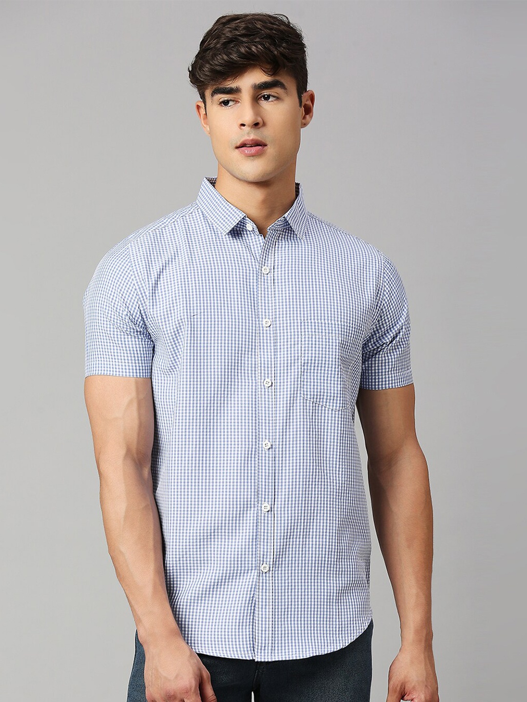 

HERE&NOW Classic Slim Fit Micro Checks Casual Shirt, Navy blue