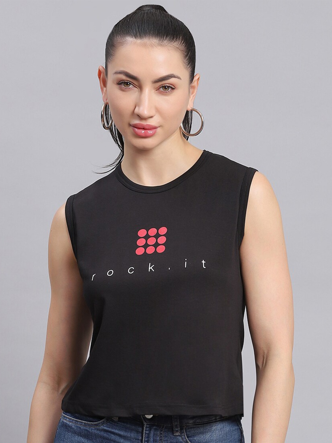 

rock.it Brand Logo Printed Regular Top, Black