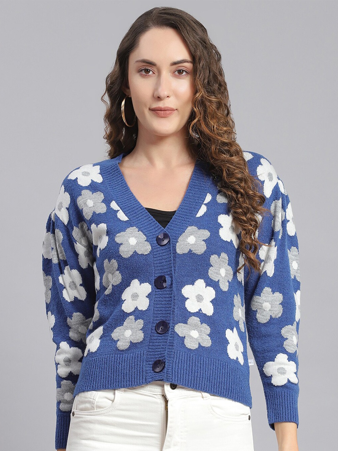 

Monte Carlo Floral Printed V-Neck Cardigan, Blue