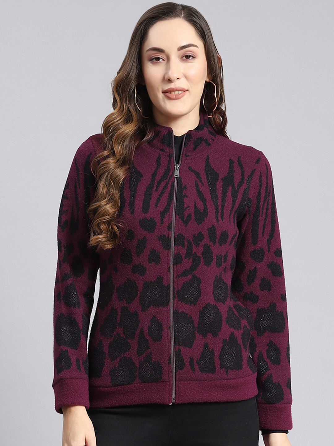

Monte Carlo Abstract Printed Mock Collar Long Sleeves Front-Open Sweatshirt, Purple