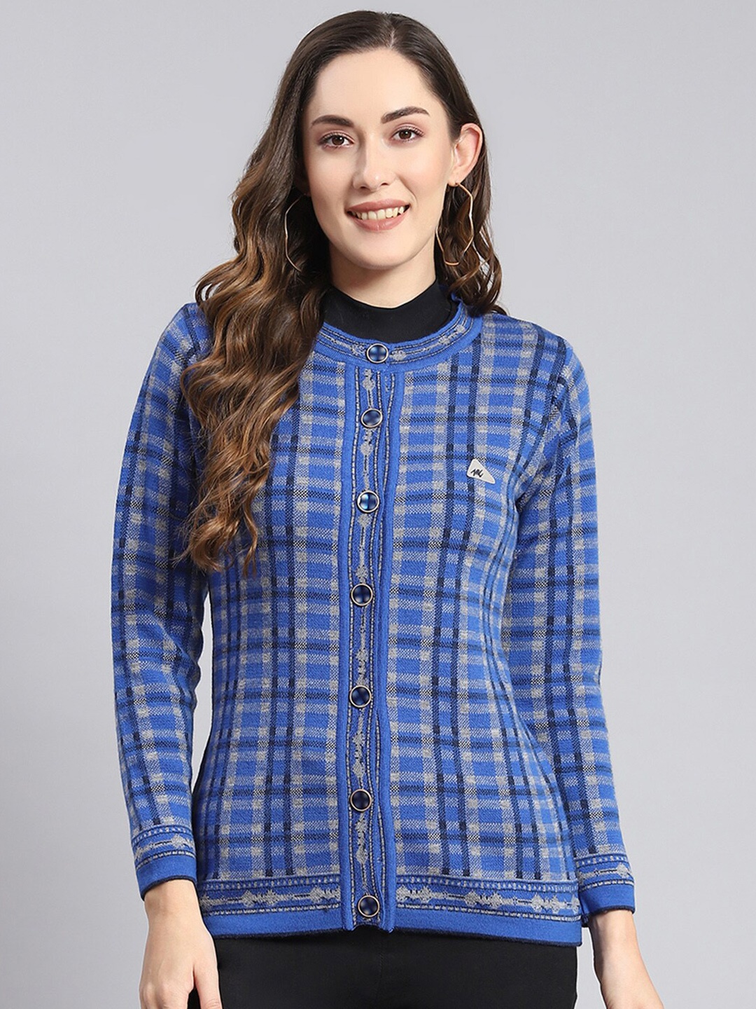 

Monte Carlo Checked Woollen Cardigan, Blue