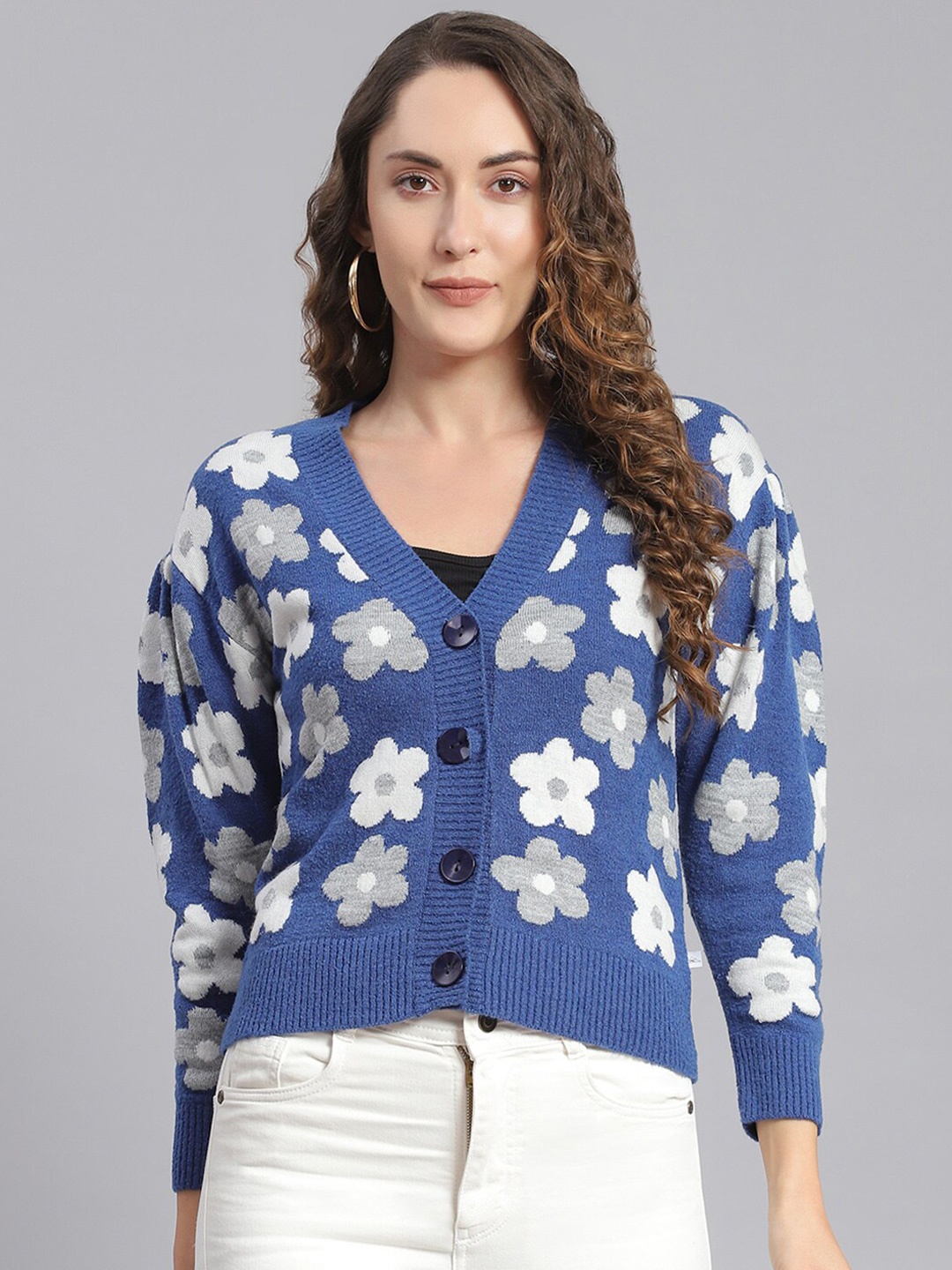 

Monte Carlo Floral Printed Woollen Cardigan, Blue