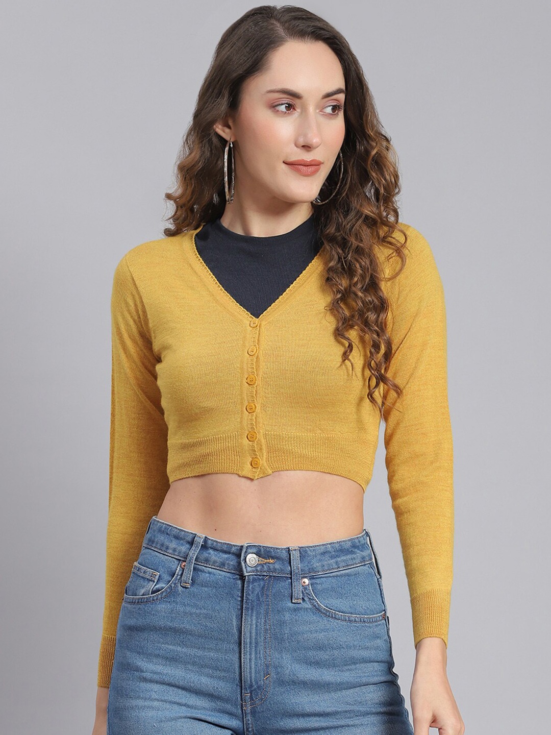 

Monte Carlo V-Neck Pure Woollen Crop Cardigan, Mustard