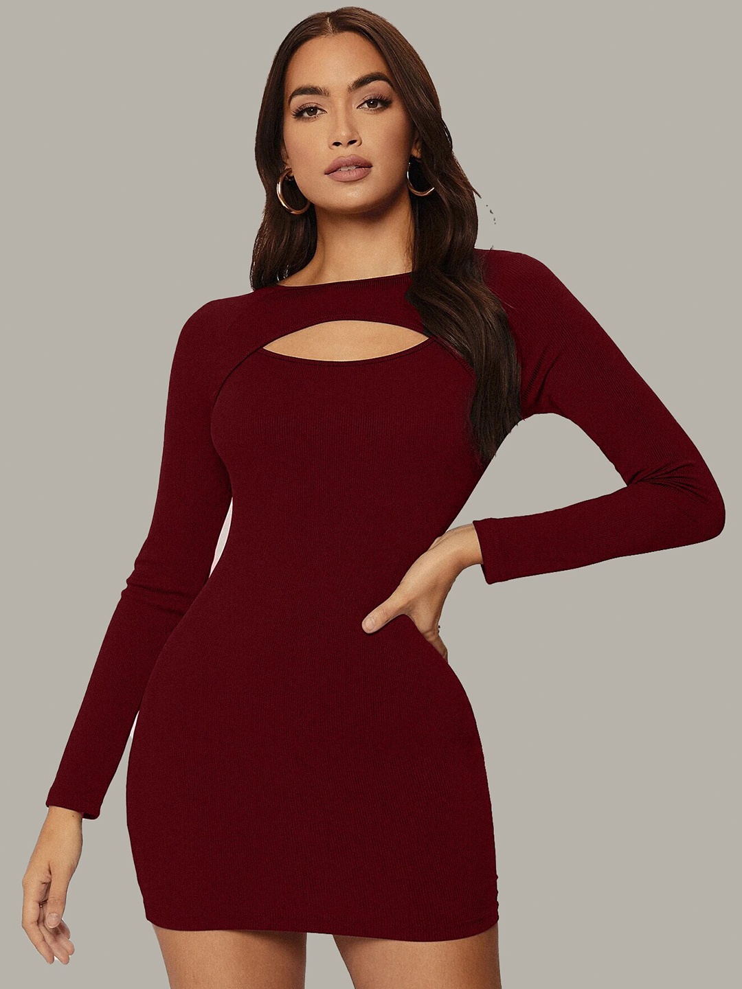 

ELYRAA Cut-Out Detail Round Neck Bodycon Mini Dress, Maroon