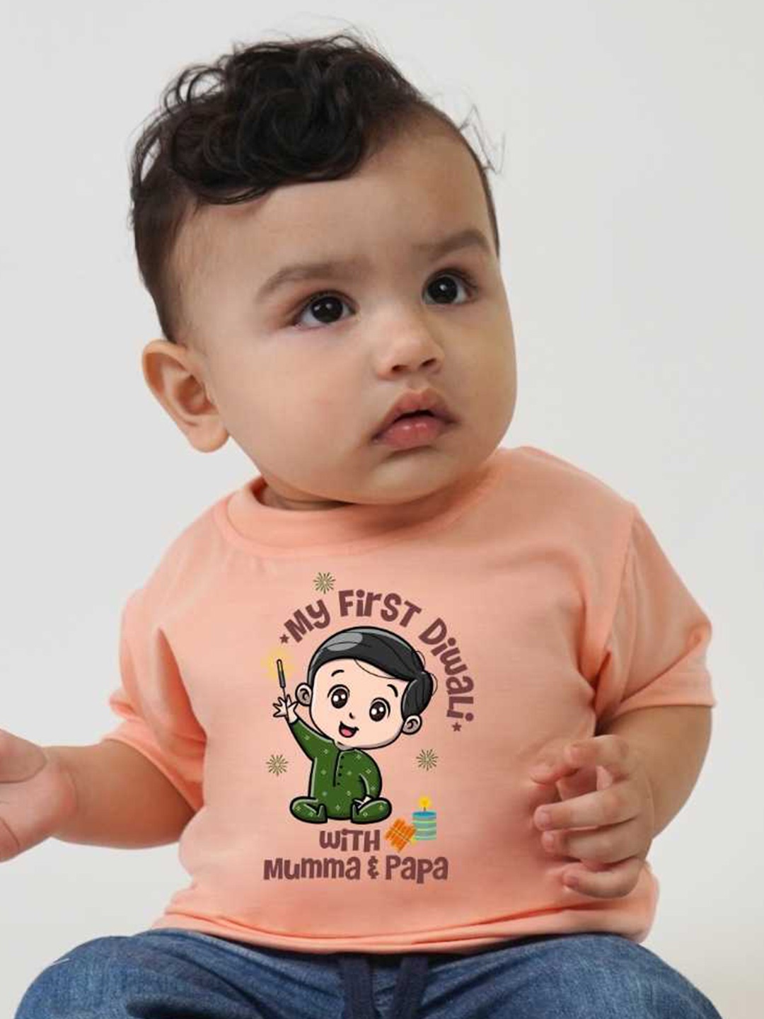 

KNITROOT Infants My First Diwali Printed Round Neck Short Sleeves T-shirt, Peach