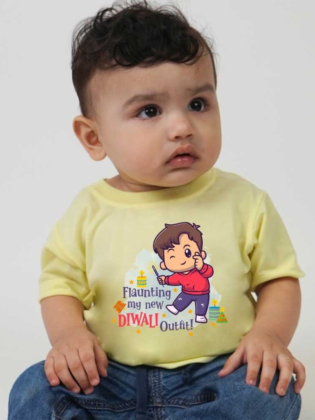 

KNITROOT Infants Flaunting My New Diwali Printed Round Neck Short Sleeves T-shirt, Yellow