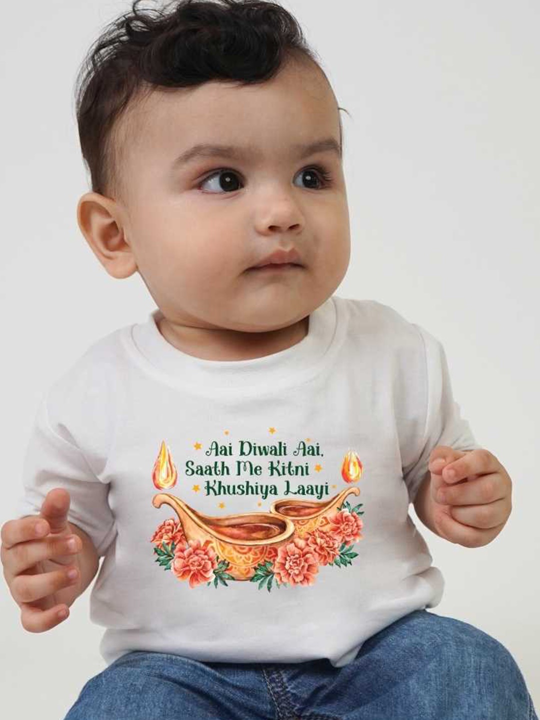 

KNITROOT Infants Aai Diwali Printed Round Neck Short Sleeves T-shirt, White