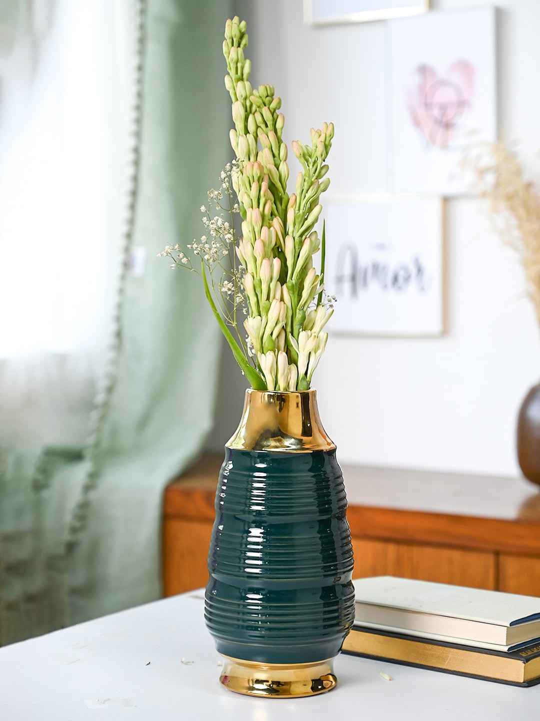 

MARKET99 Gold Toned & Teal Green Spiral Ceramic Vase For Flower Pot