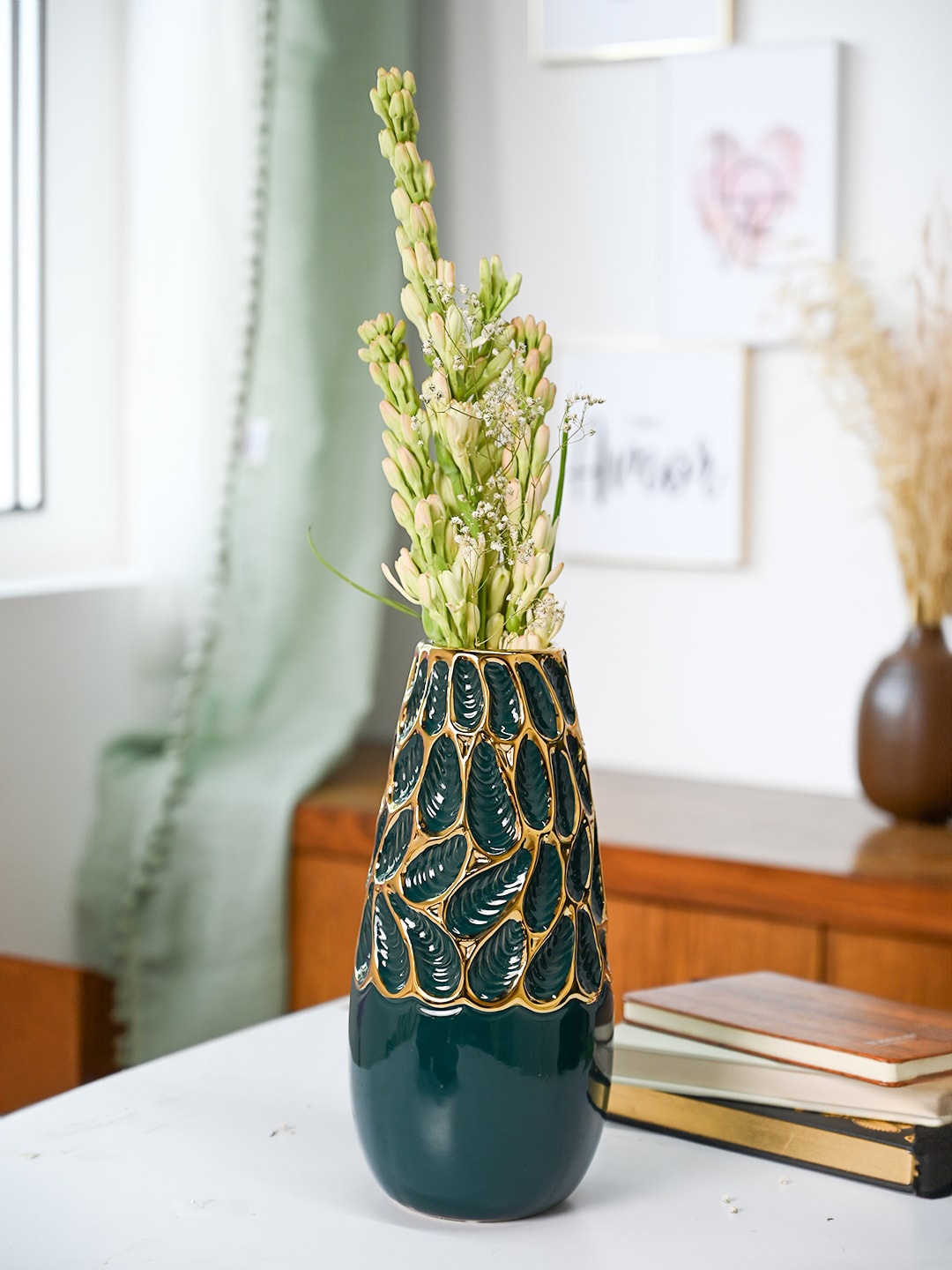 MARKET99 Gold Toned & Teal Green Abstract Ceramic Flower Vase