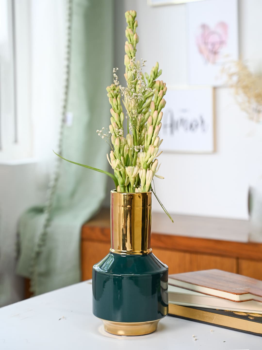 MARKET99 Gold Toned & Teal Ceramic Flower Vases