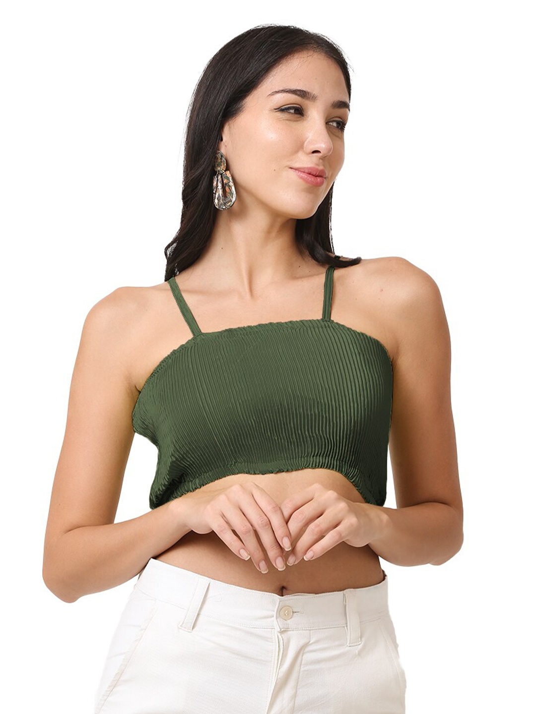 

CareDone Shoulder Straps Accordion Pleats Crop Fitted Top, Green
