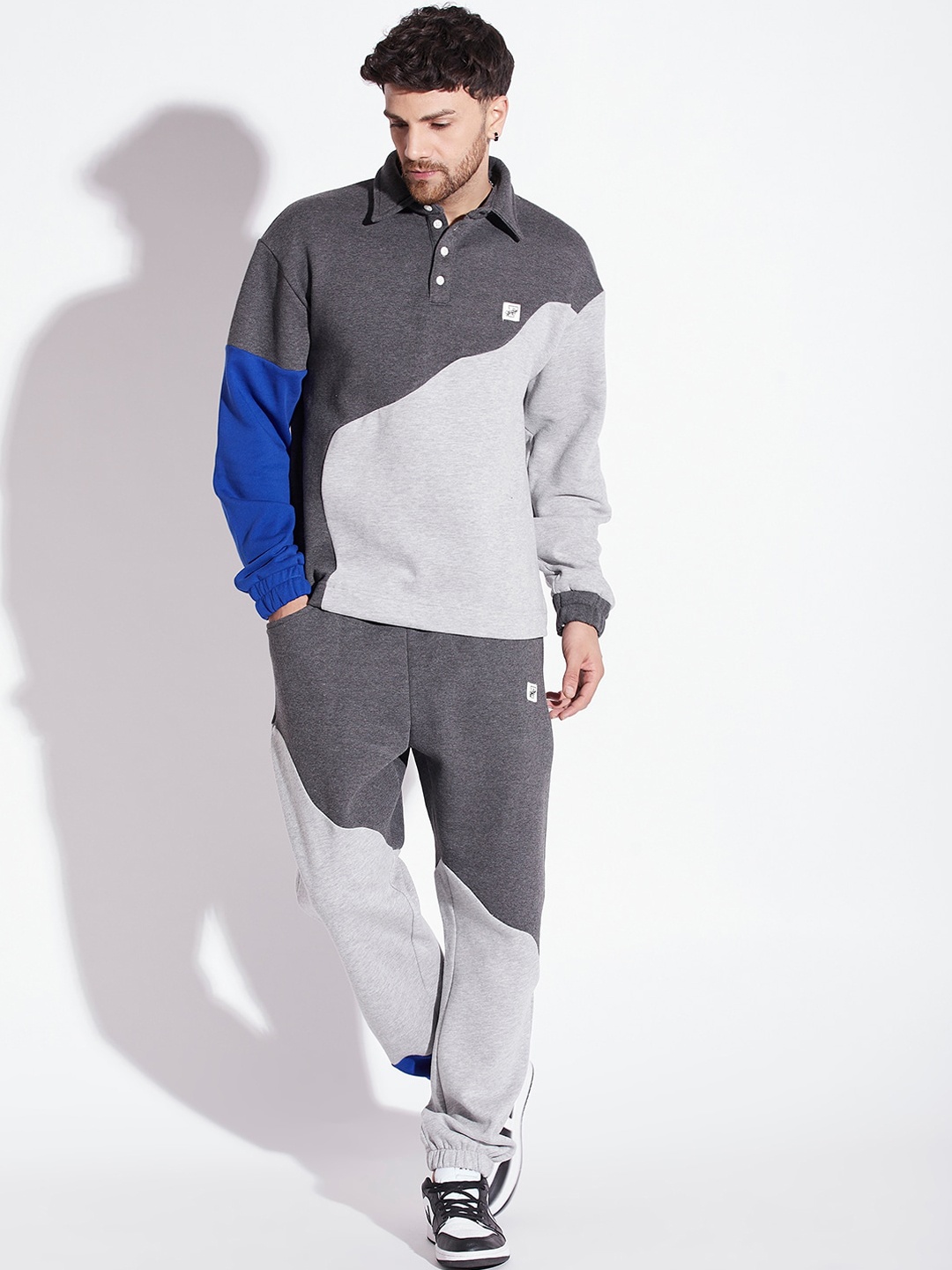 

FUGAZEE Grey & Blue Colourblocked Oversized Cotton Tracksuit