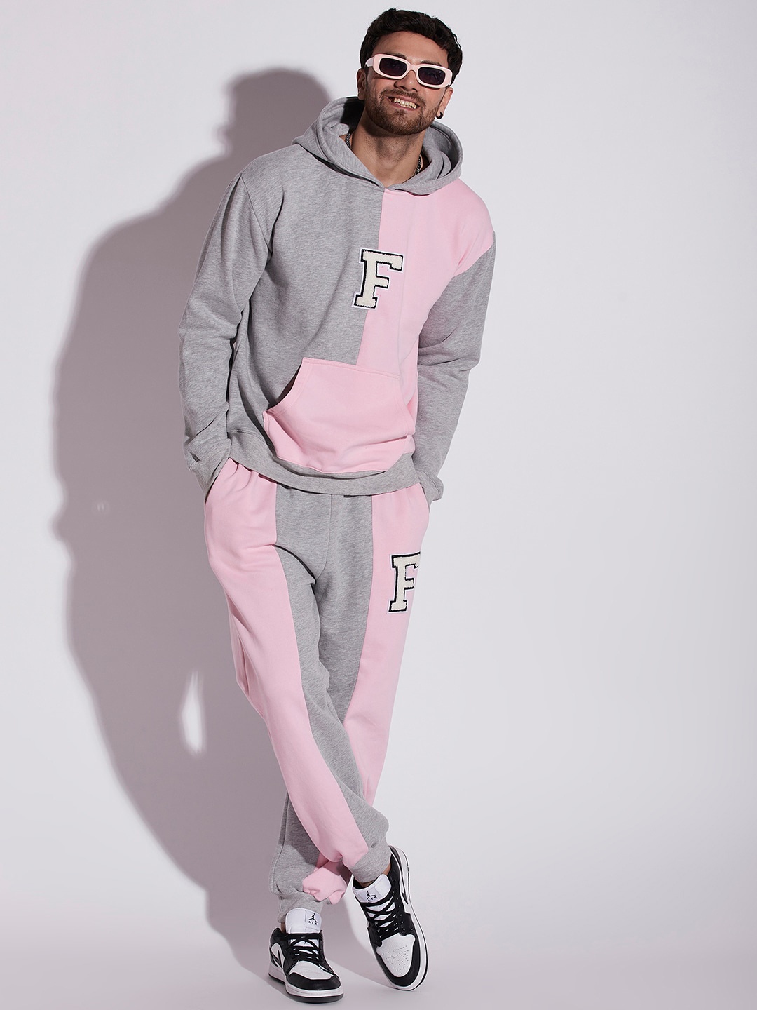 

FUGAZEE Grey & Pink Colourblocked Pure Cotton Oversized Tracksuit