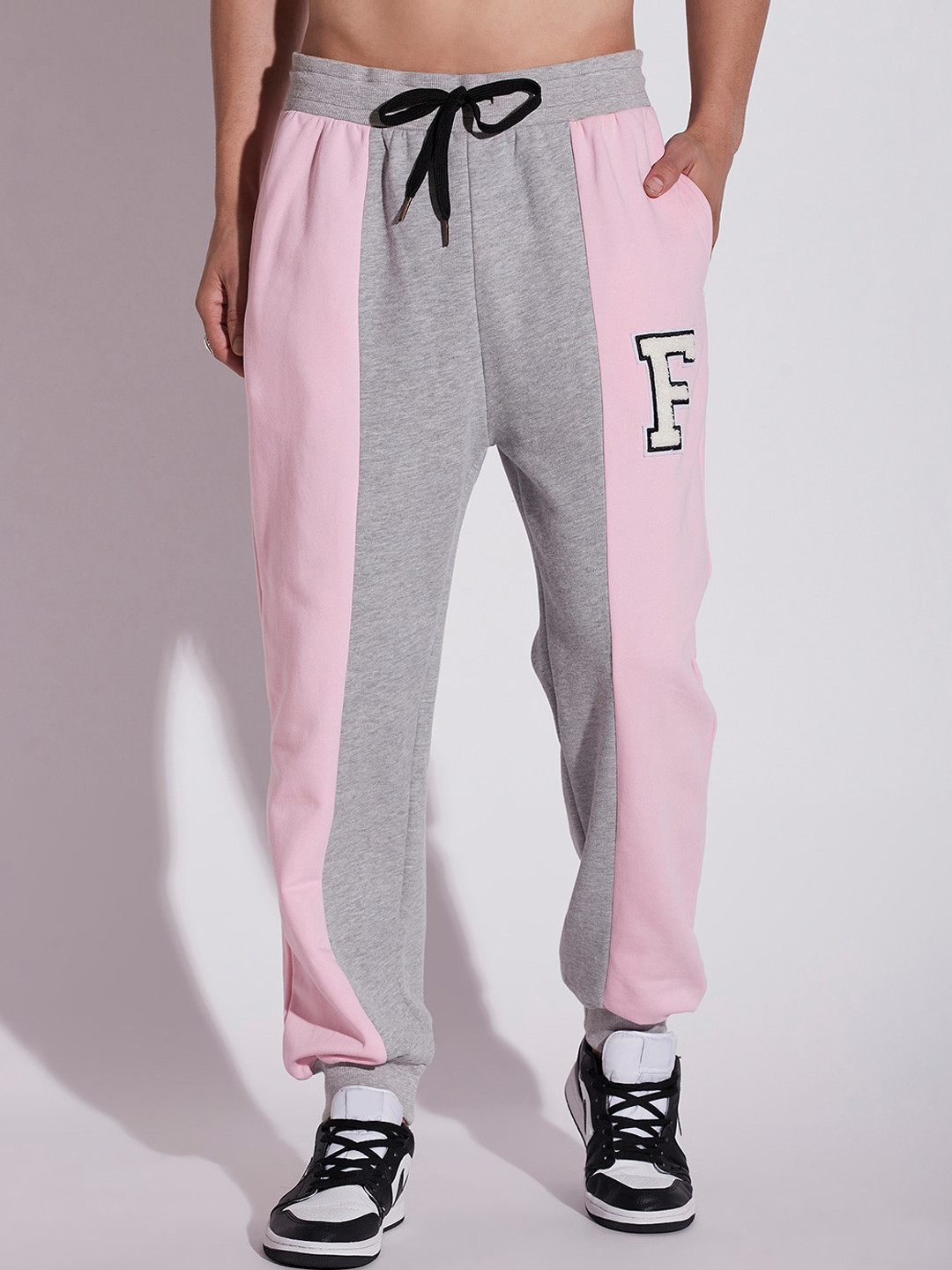 

FUGAZEE Men Grey Colourblocked Mid-Rise Relaxed-Fit Cotton Joggers, Pink