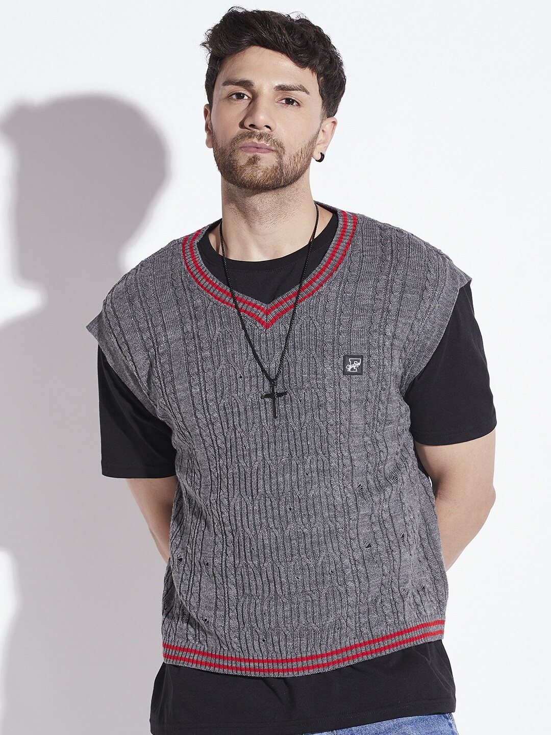 

FUGAZEE Self Design Cable Knit Acrylic Sweater Vest, Charcoal